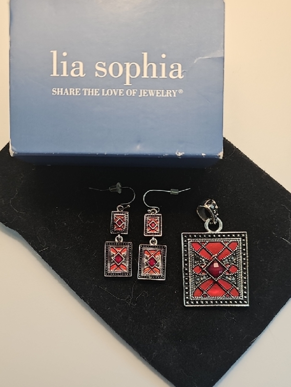 Lia Sophia Red and Silver Geometric Pendant with Dangle Earrings
